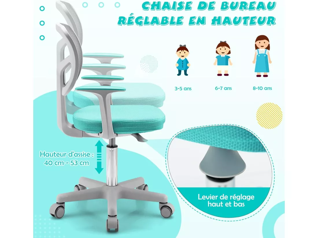 Chaise de Bureau Pivotante Enfants avec Hauteur Réglable 80-91,5cm, Siège à roulettes Enfants avec Dossier & Accoudoirs Ergonomique, Coussin Amovible, Verrouillage Automatique, 3-10 Ans