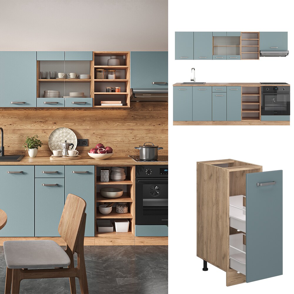 Vicco Küchenzeile R-Line Solid Eiche Blau Grau 240 cm modern Küchenschränke Küchenmöbel