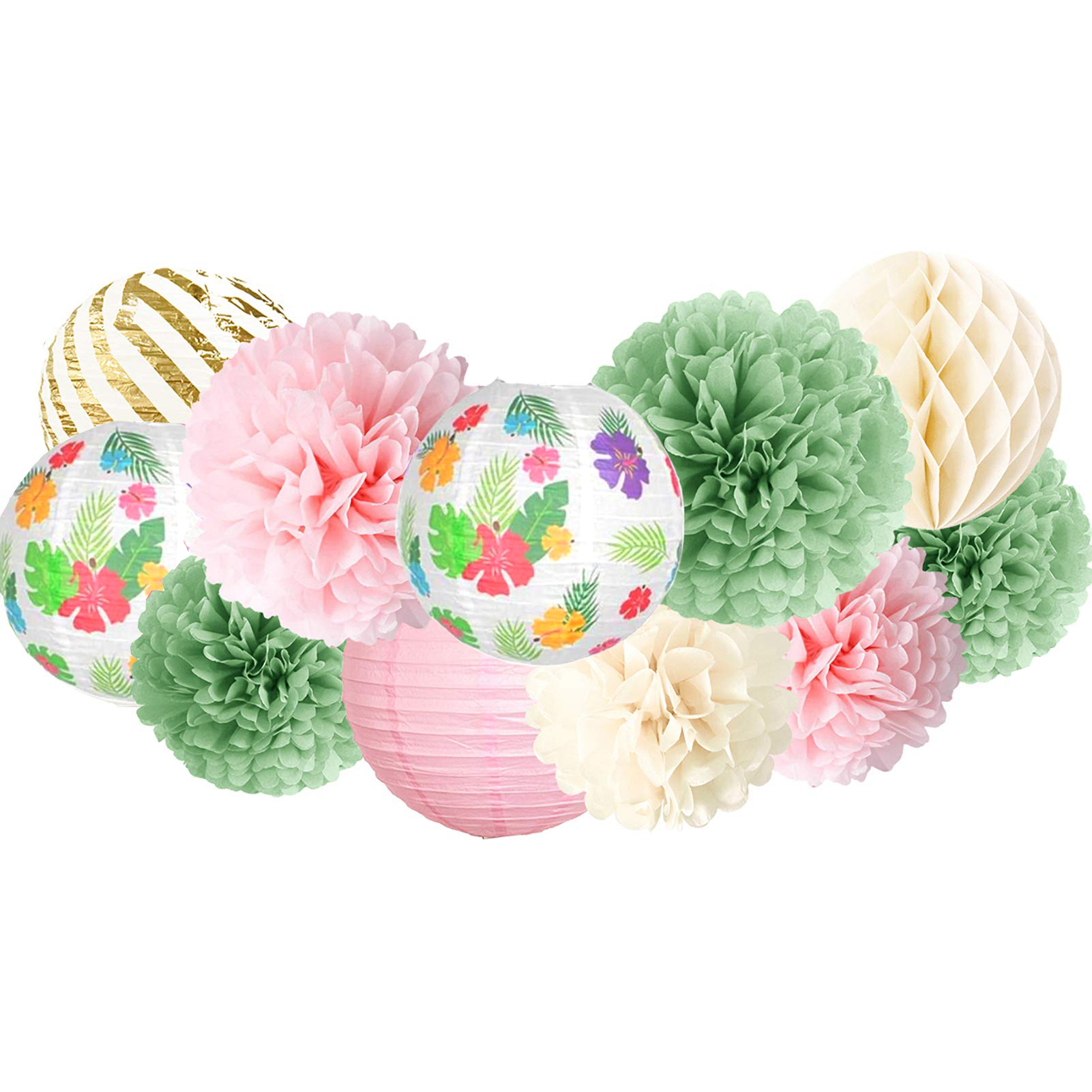 (11-tlg. Set) Papier Lampions Sommer Party Deko Pompon's Hawaii Wabenkugel - Rosa / Grün