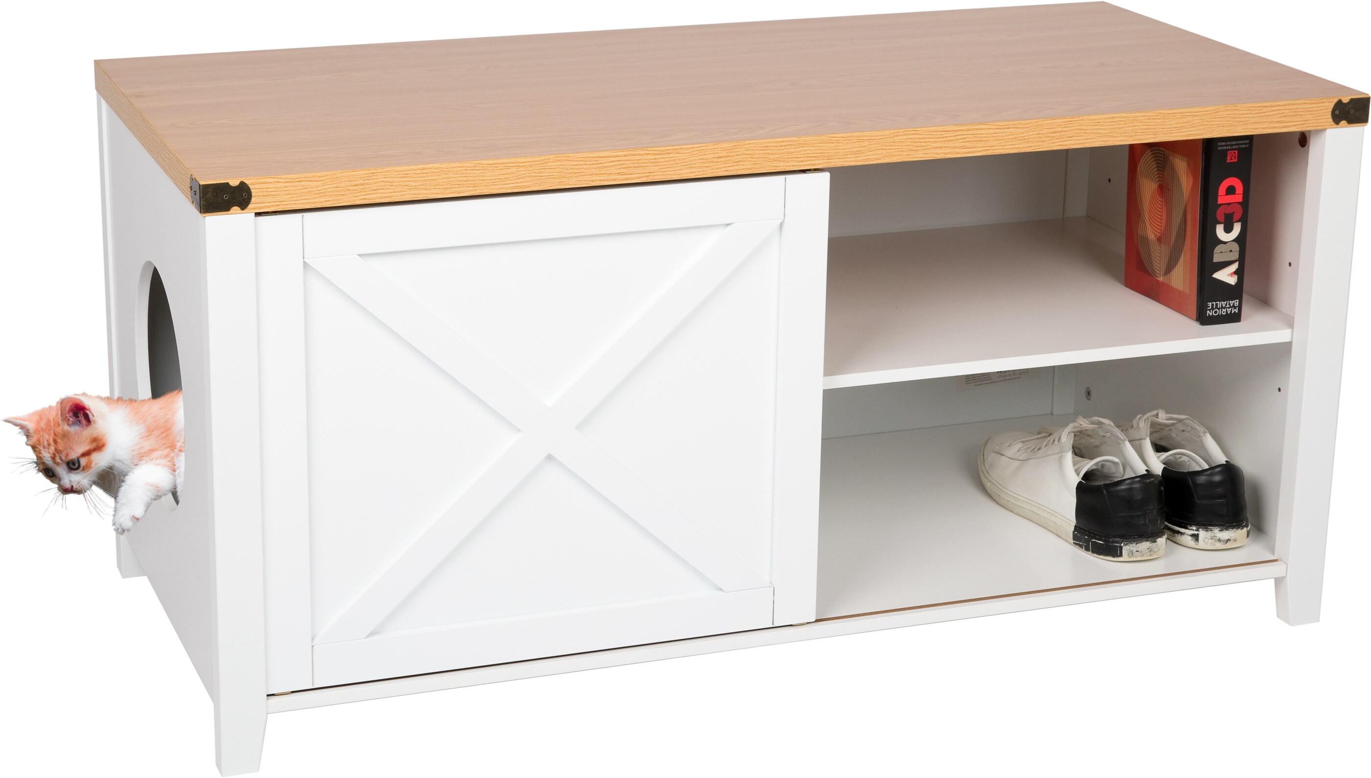needs&wants® Katzenschrank groß für Katzentoilette XXL aus Holz mit Schuhschrank Sitzkommode, Katzenklo-Schrank Kommode, Design Katzenhaus Toilette Klo, 110 x 50 x 53 cm, weiß braun