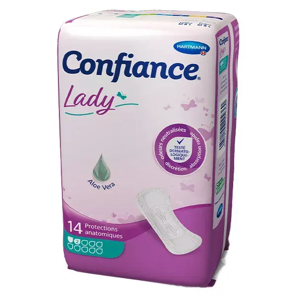 Absorventes anatômicos Hartmann Confiance Lady com 2 gotas de aloe vera, 14 unidades.