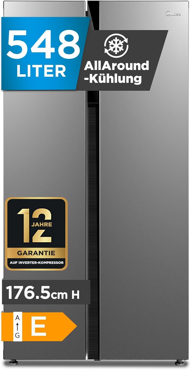 Midea MERS530FGE02 Side-by-Side Kühl-/Gefrierkombination/No Frost/Inverter Compressor/176,5 cm hoch/347 L Kühlen/201 L Gefrieren/Doppelte Steuerung/SuperCool/35dB, Inox