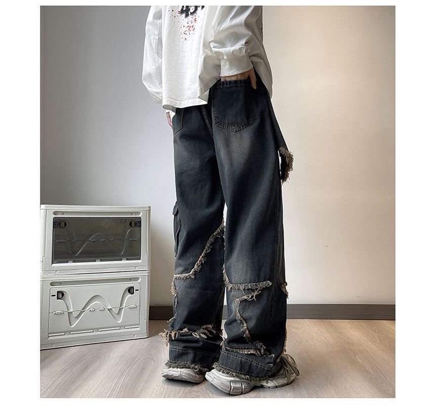 Savenne - Mid Rise Star Applique Washed Frayed Wide Leg Cargo Jeans