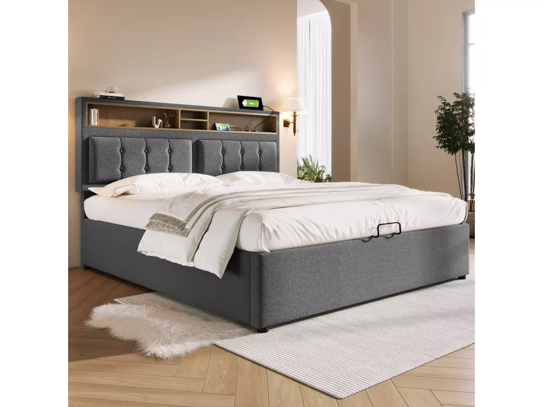 Lit coffre 140 x 200 cm avec tête de lit rangement - prise USB & C - tissu en lin - gris