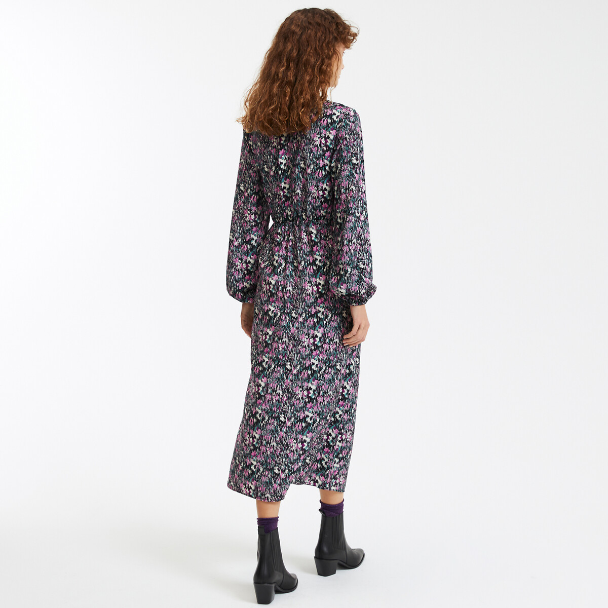 COLEÇÕES LA REDOUTE<br>Vestido reto estampado, decote em V, comprimento midi
