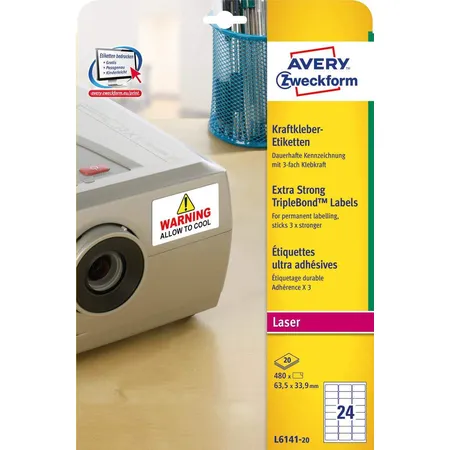 Avery Zweckform L6141-20 Kraftkleber-Etiketten, 63,5 x 33,9 mm, 20 Bogen/480 Etiketten, weiß