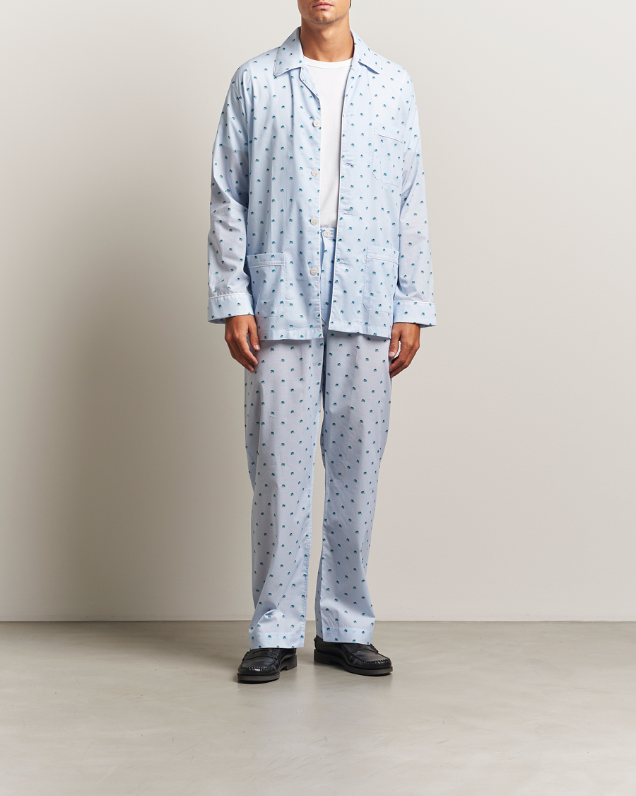 Derek Rose Printed Piped Cotton Pyjama Set Light Blue