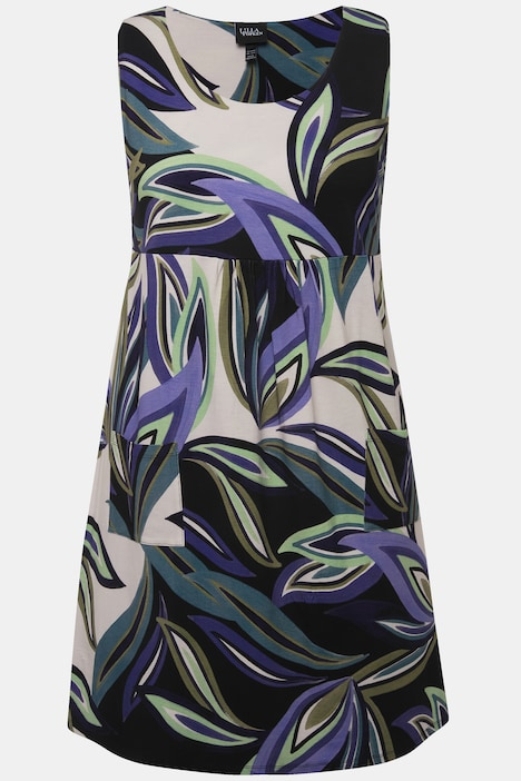 Jerseykleid, Blätter, A-Linie, Rundhals, ärmellos