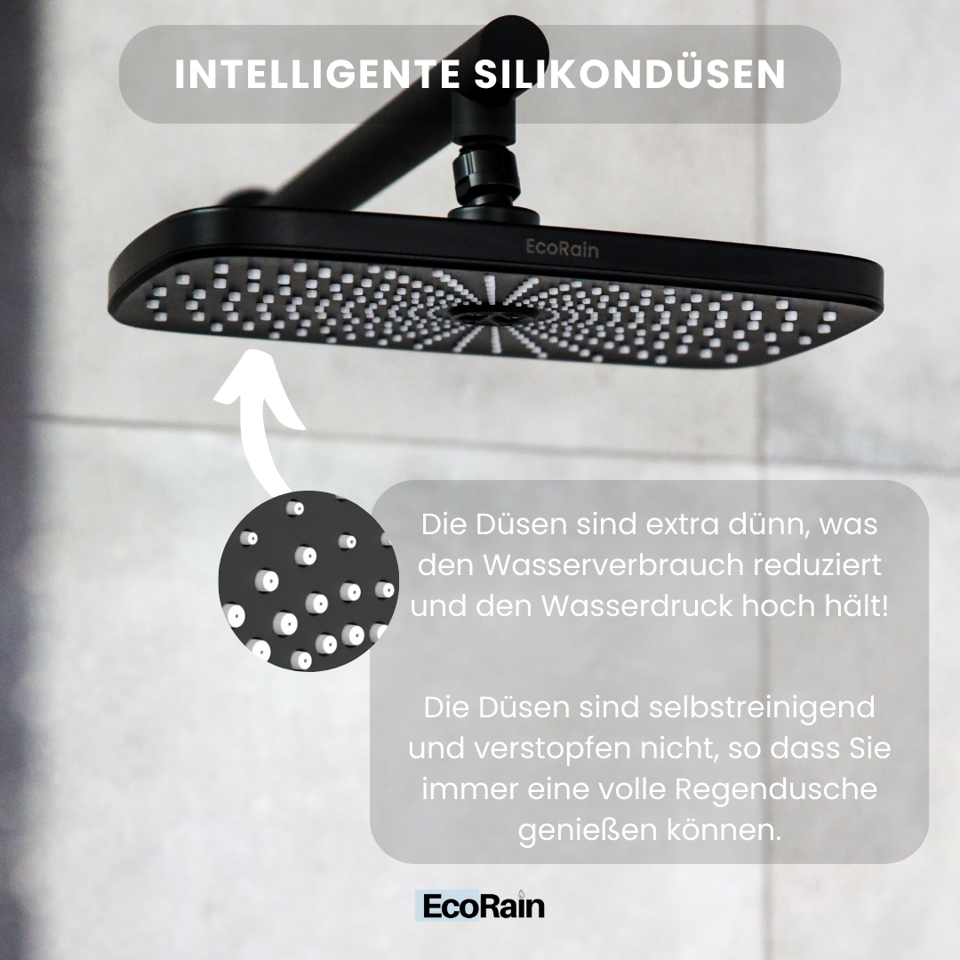 EcoRain Waterbesparende Regendouchekop Melvin XL 30 cm Zwart met Douchearm - 30% Waterbesparing - Waterbesparende Douchekop - Rechthoekige Regendouchekop - Universeel - Verbrandingsbestendige Douchekop