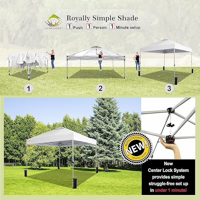 Crown Shades 10x10 Pop up Canopy Outside Canopy, Patented One Push Tent Canopy with Wheeled Carry Bag, Bonus 8 Stakes and 4 Ropes, White