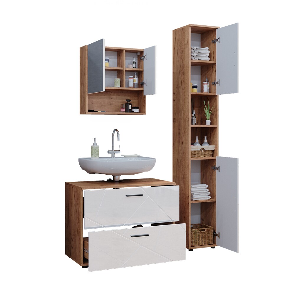Vicco Badmöbelset Irma Eiche Weiß Hochglanz modern Badezimmerschrank Badschrank Badezimmermöbel Waschtischunterschrank Spiegelschrank Hochschrank Schrankschublade Schranktür Schrankfach
