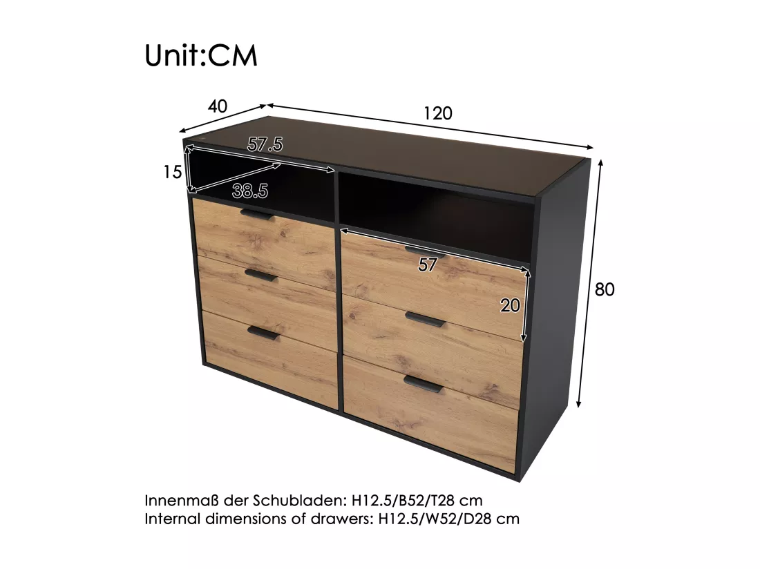 Commode avec 6 tiroirs et 2 compartiments, buffet, anti-basculement, 120 x 40 x 80 cm, verre ambré et panneau de particules, chêne