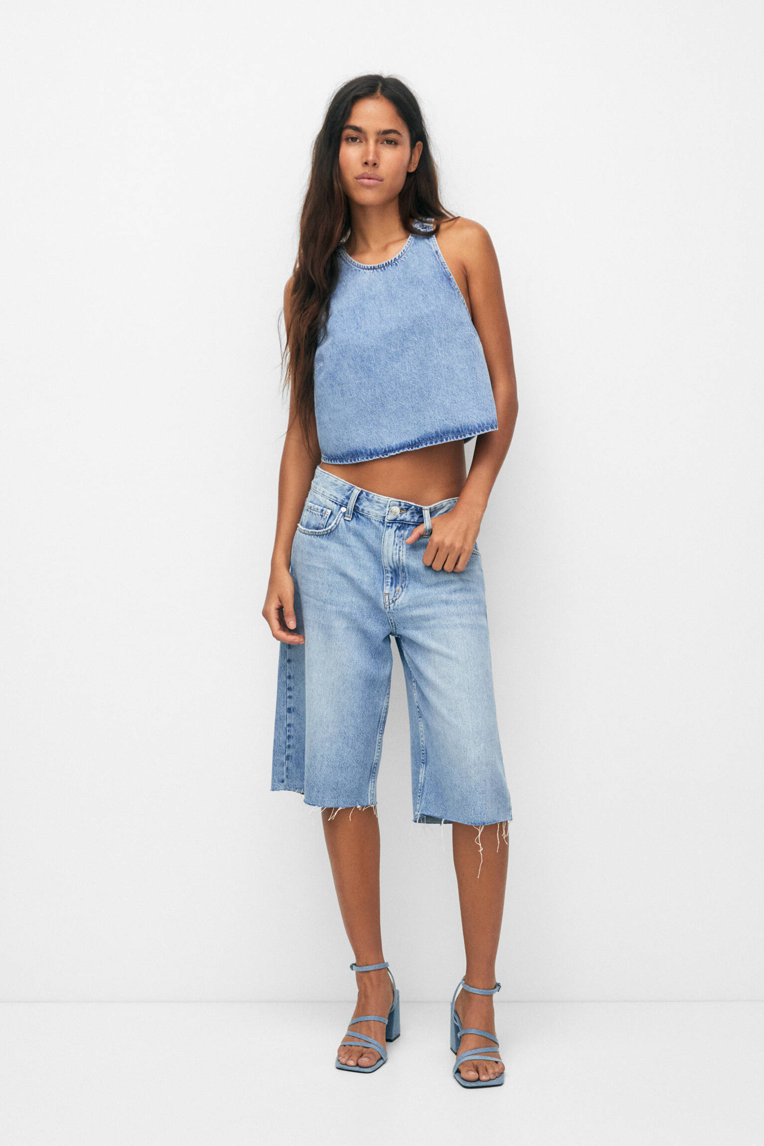 Blusa jeans com costas abertas - azul médio
