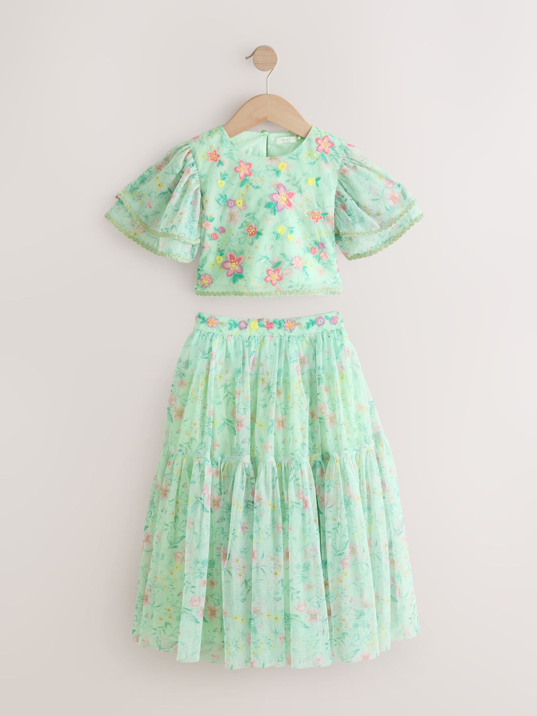 Groen bloemmotief - Groene bloemen top en rok co-ord set (3-16jr)
