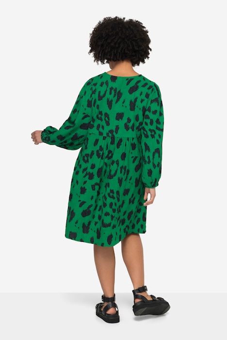 Musselin-Kleid, Leodruck, Tunika-Ausschnitt, weite Ballonärmel