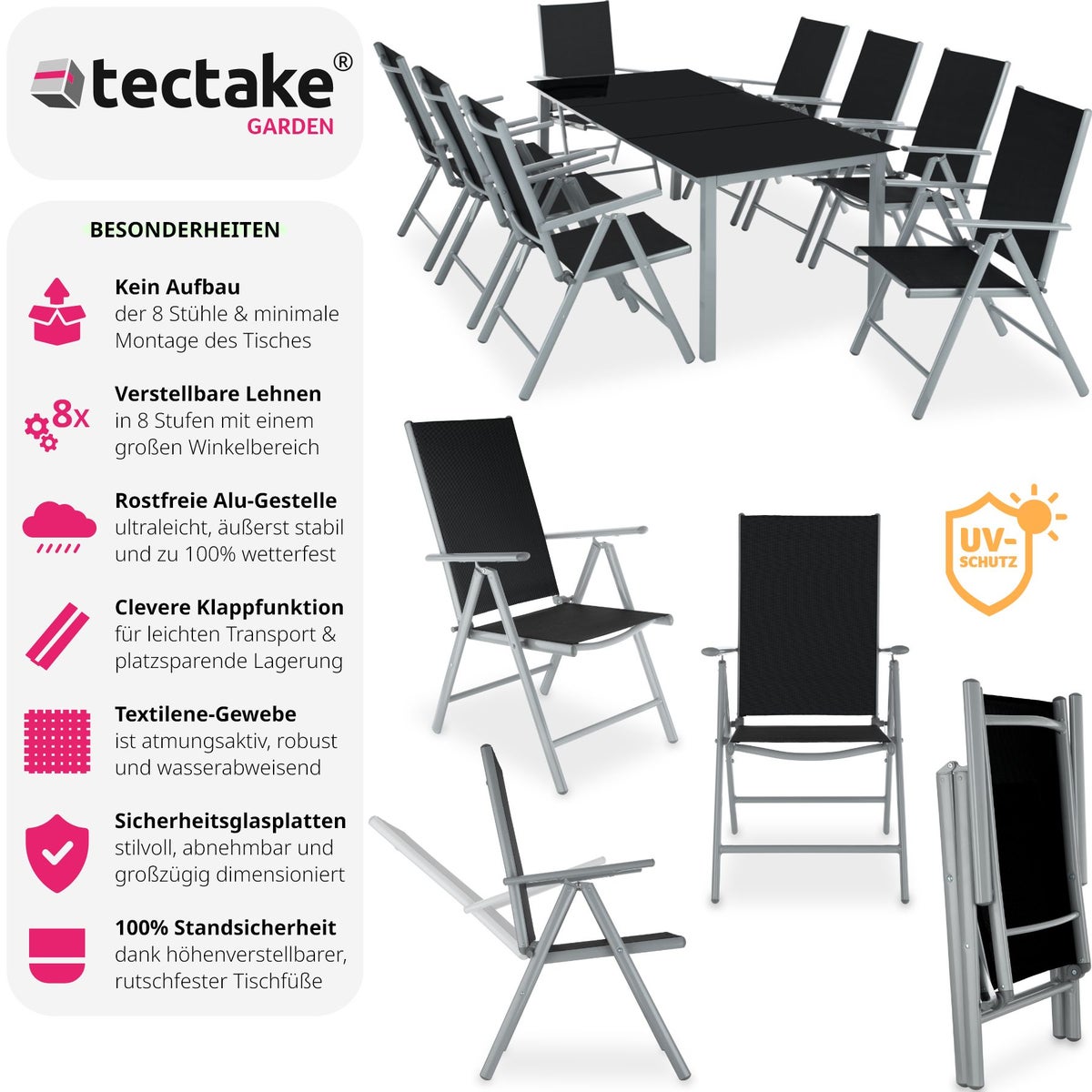 tectake Pompeii zitgroep met aluminium frame, voor 8 personen, tafel met veiligheidsglasplaat en stelschroeven
