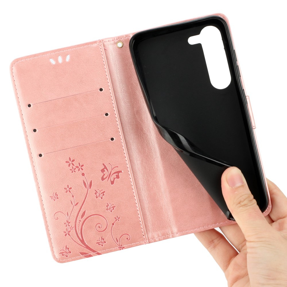 Samsung Galaxy S23 5G Leder Tasche mit Kartenfach   Handschlaufe Butterfly Flowers - Roségold
