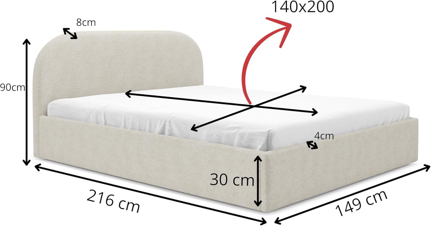 Moon Polsterbett mit Lattenrost aus Holz Doppelbett mit Lattenrost Moon Kopfteil 90x200 120x200 140x200 160x200 180x200 200x200 (Quelle 02 - Creme, 140x200)