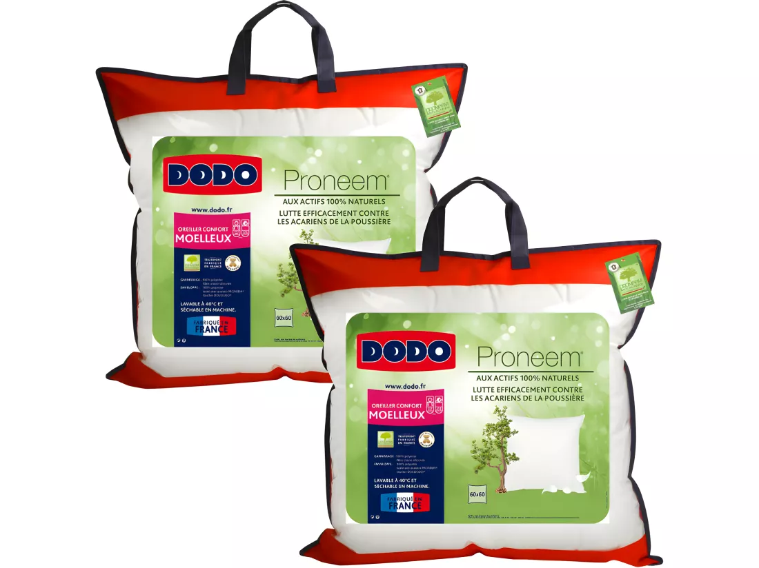 Lot De 2 Oreillers Moelleux Antiacariens Proneem® Fibre Volupt’air® Dodo - 60 X 60 Cm