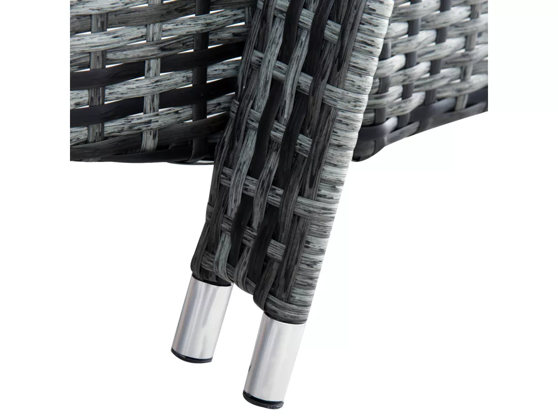 Lot de 2 transats bains de soleil grand confort : matelas, têtière, inclinaison réglable multipositions, accoudoirs, roulettes + table basse verre trempé résine tressée gris