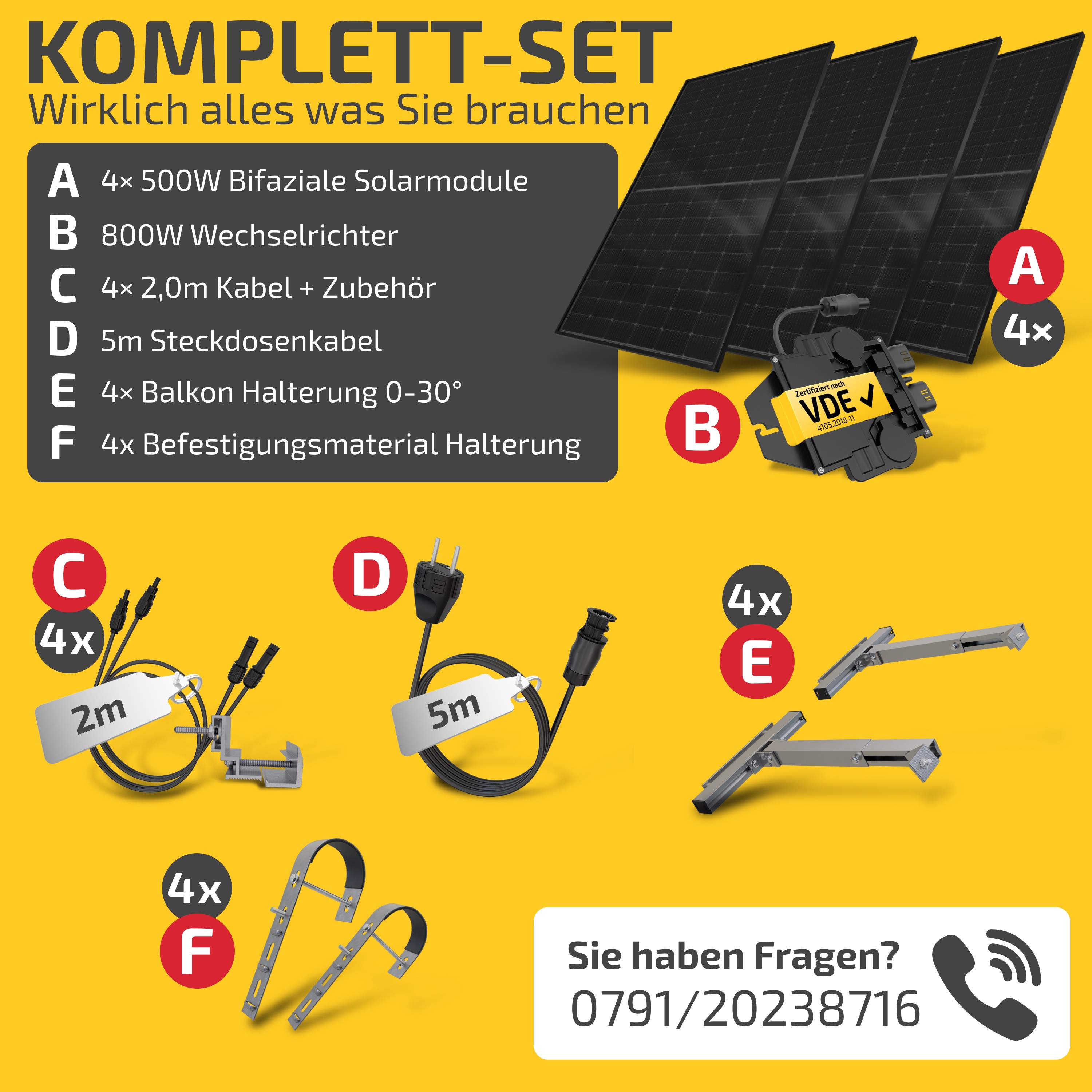 Balkonkraftwerk 2000W/800W Solaranlage mit Balkon Halterung Steckerfertig Komplettset Photovoltaik Anlage 800W, Kabellänge: 5m