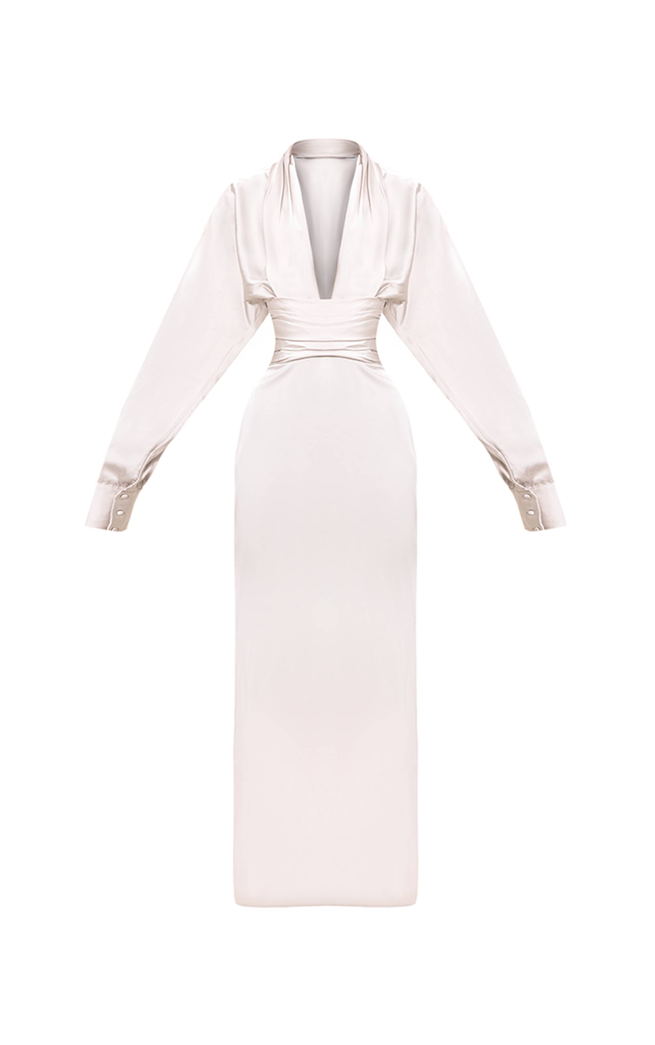 Huître Robe Longue Satinée À Manches Longues Et Décolleté Plongeant Plt Label