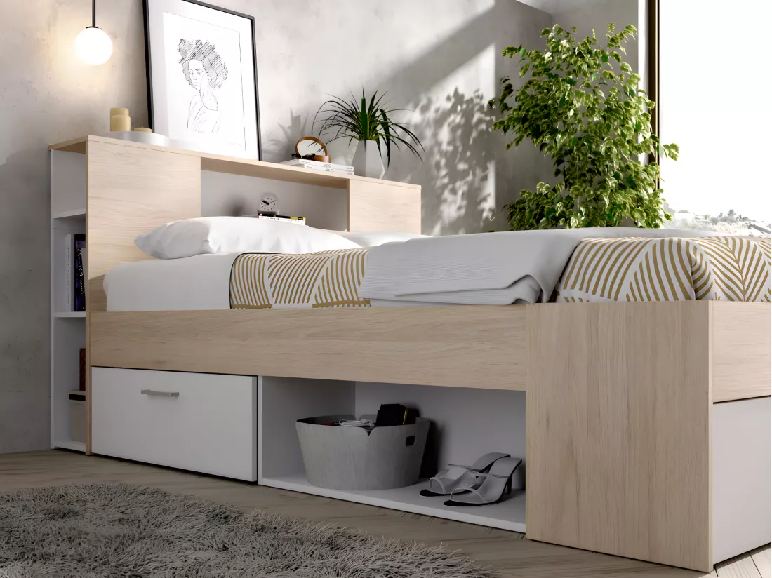 Lit avec tête de lit rangements et tiroirs - 140 x 190 cm - Coloris : Naturel et blanc + Sommier + Matelas - LEANDRE