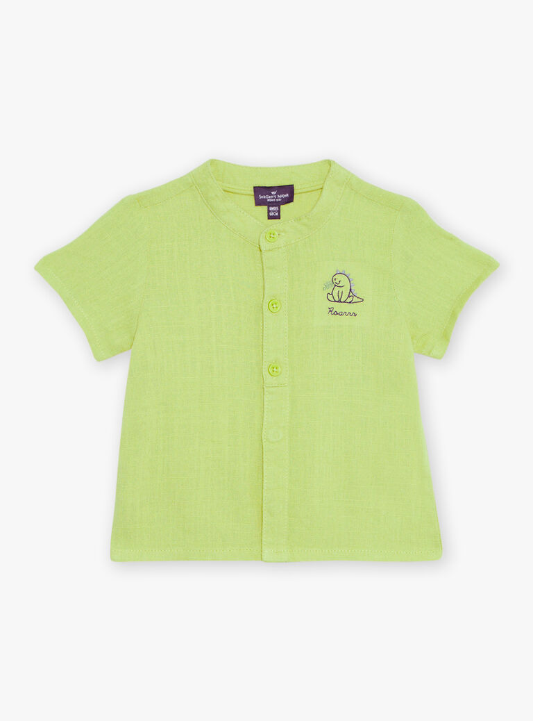 Chemise verte en lin à broderie dinosaure