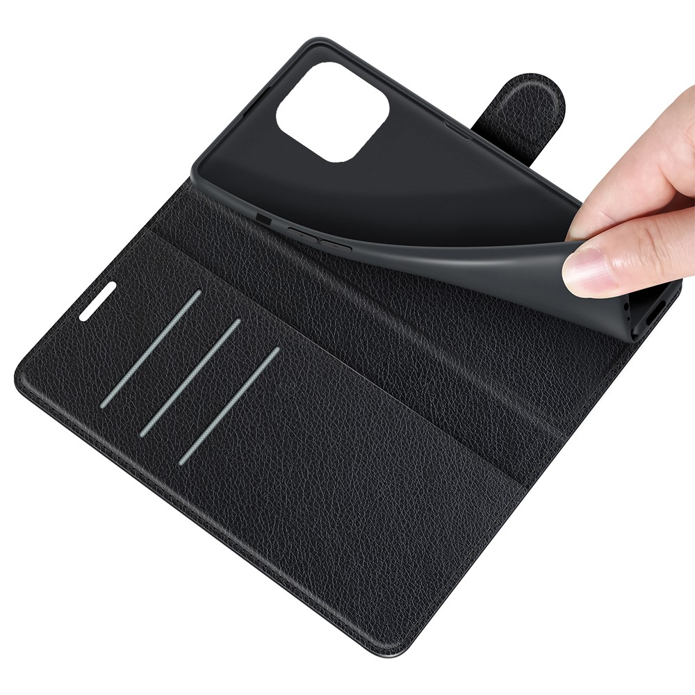 iPhone 13 Pro Leder Tasche Flip Cover Litchi Look - Schwarz