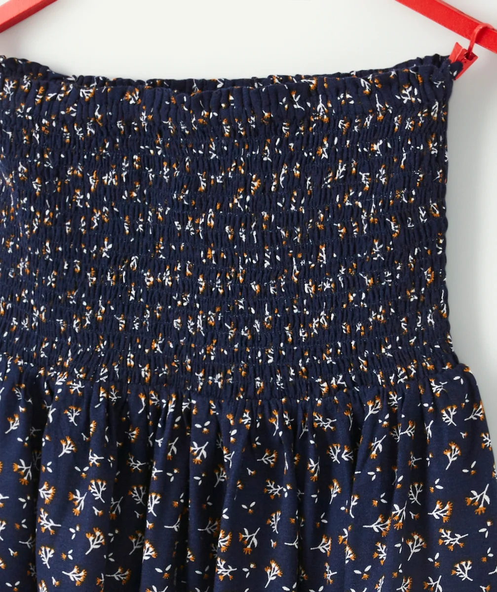 JUPE ÉLASTIQUÉE FILLE BLEU MARINE EN VISCOSE RESPONSABLE IMPRIMÉ FLEURI