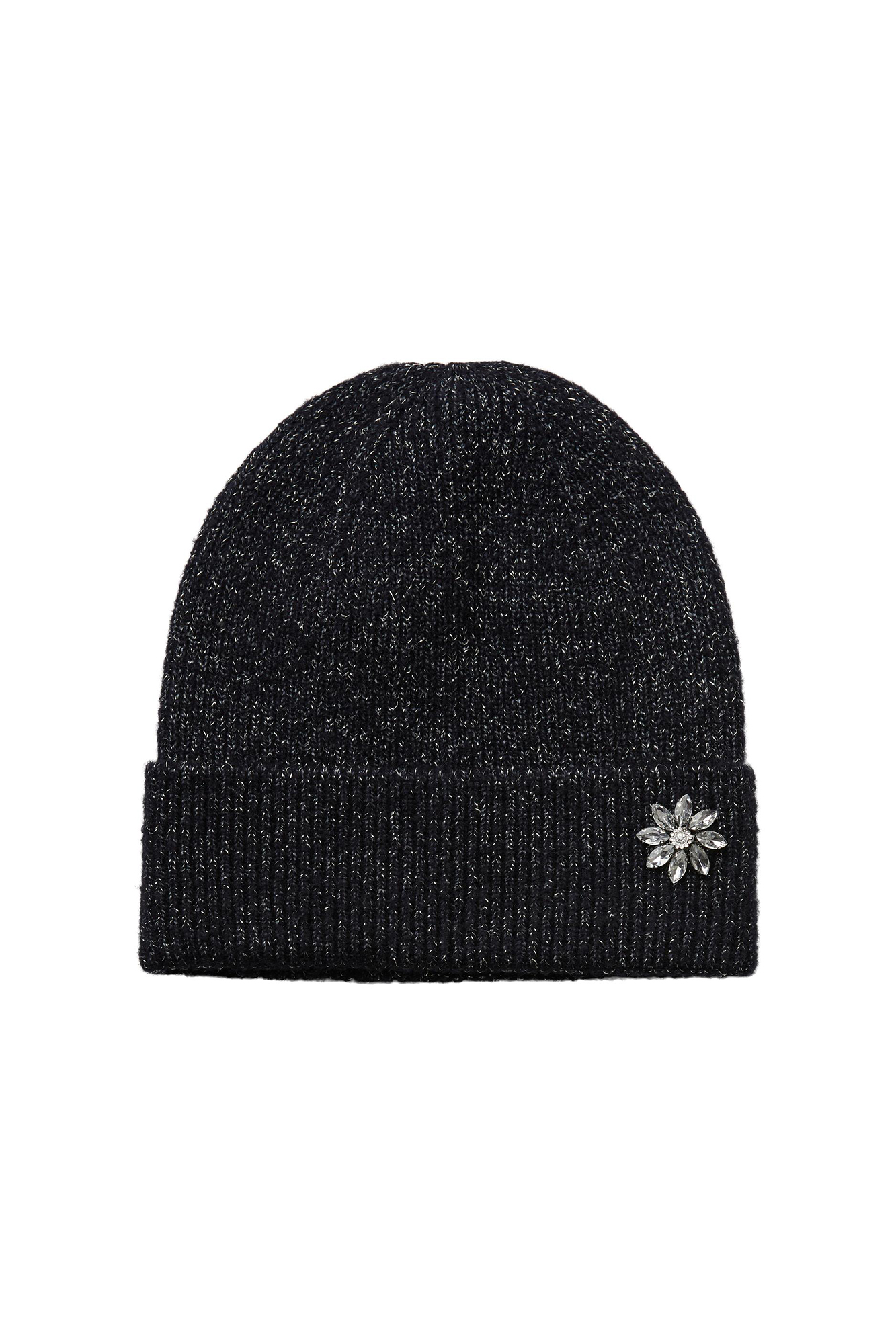 Gorro de tricô com detalhe em lurex. Estampa de flor em formato de diamante em um dos lados. Textura macia e aba dobrada.