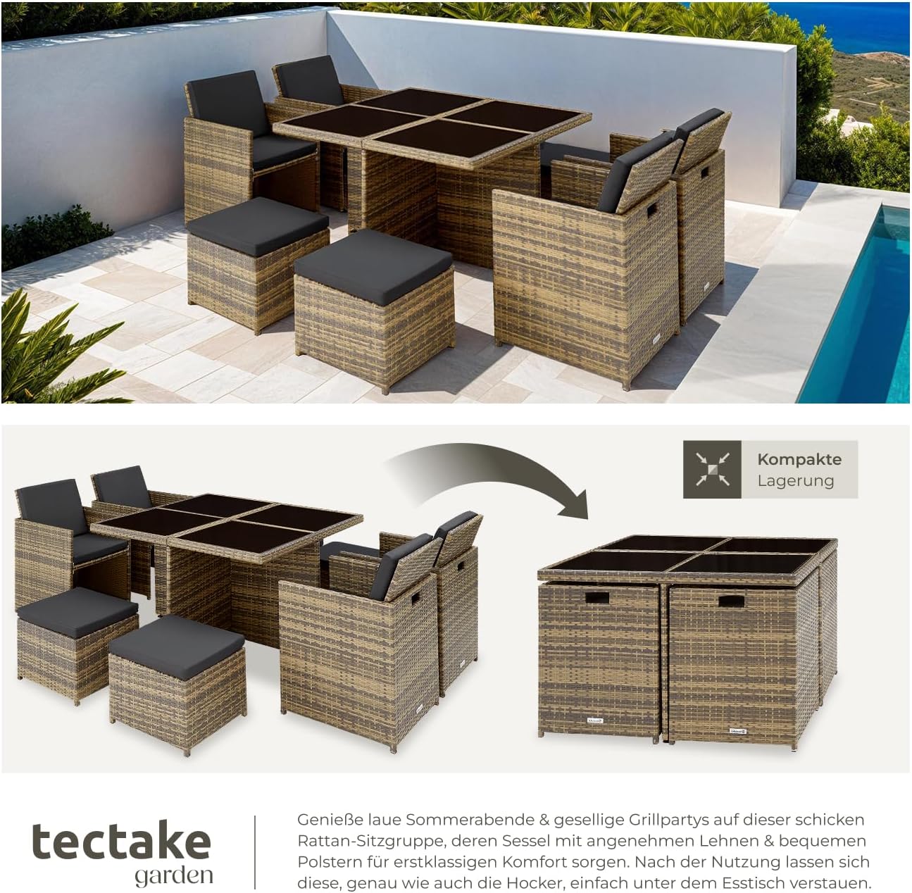tectake® Lounge Möbel Set 4X Stühle, 4X Hocker, 1x Tisch, platzsparende Cube Aufbewahrung, Outdoor Rattan Gartenmöbel für Balkon, Garten und Terrasse, mit Abdeckung und Wechselbezügen - Natur