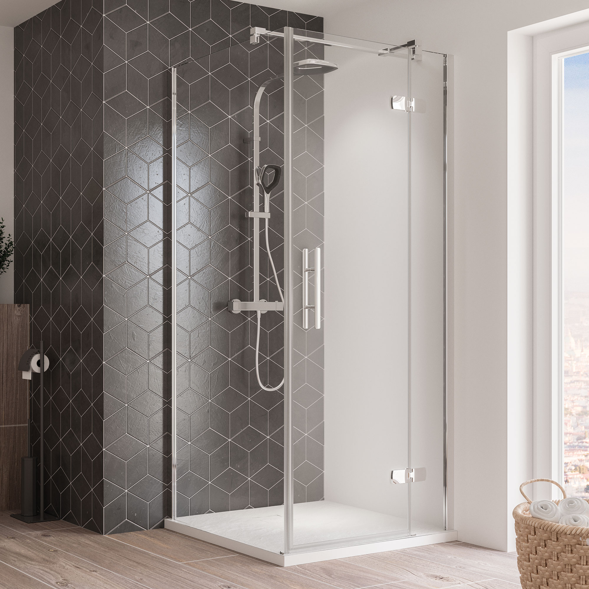 Breuer Avanta Drehtür + Festteil (Anschlag rechts) für Seitenwand alu chromeffekt Klarglas 900 mm