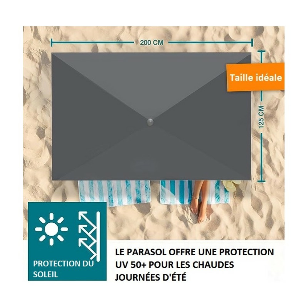 Parasol rectangulaire avec housse de protection réglable et inclinable 45° anthacite 125x200cm protection uv 50+