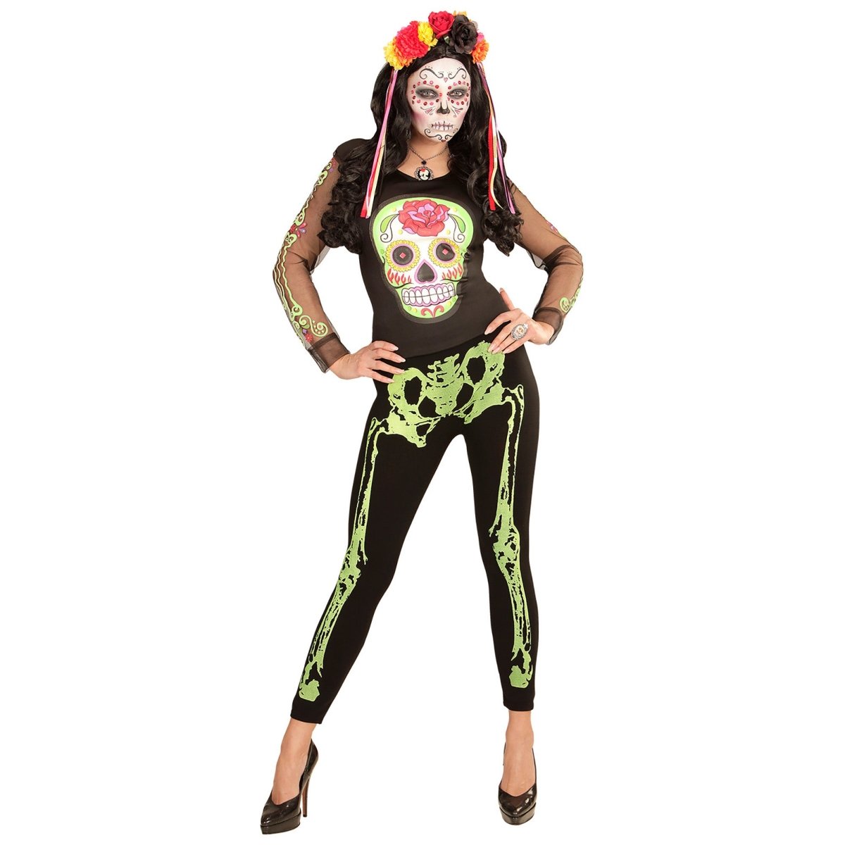 Halloween Legging Neon Groen Skelet