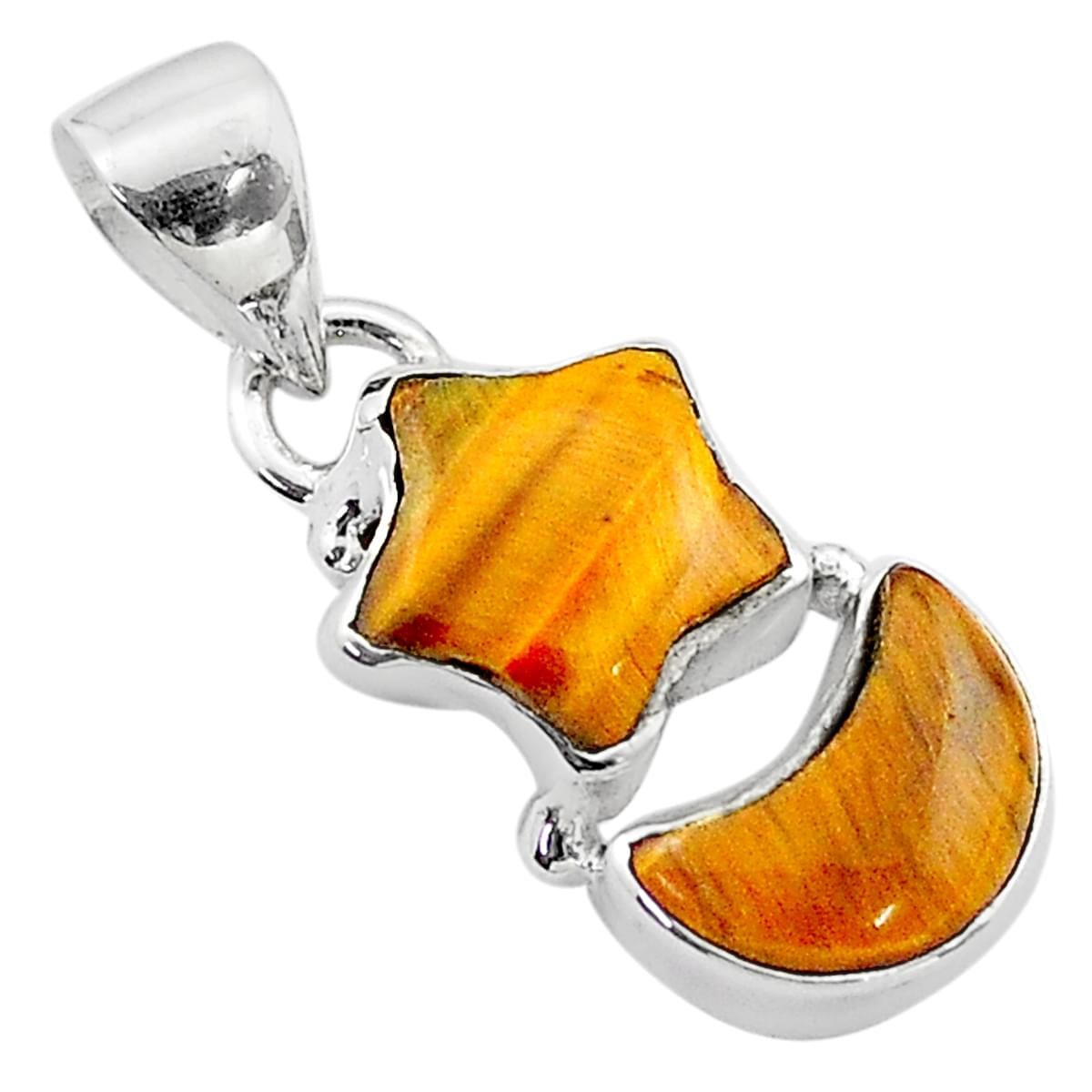 Pendentif étoile lune en oeil de tigre marron et argent + chaine 1,8cm gxi259