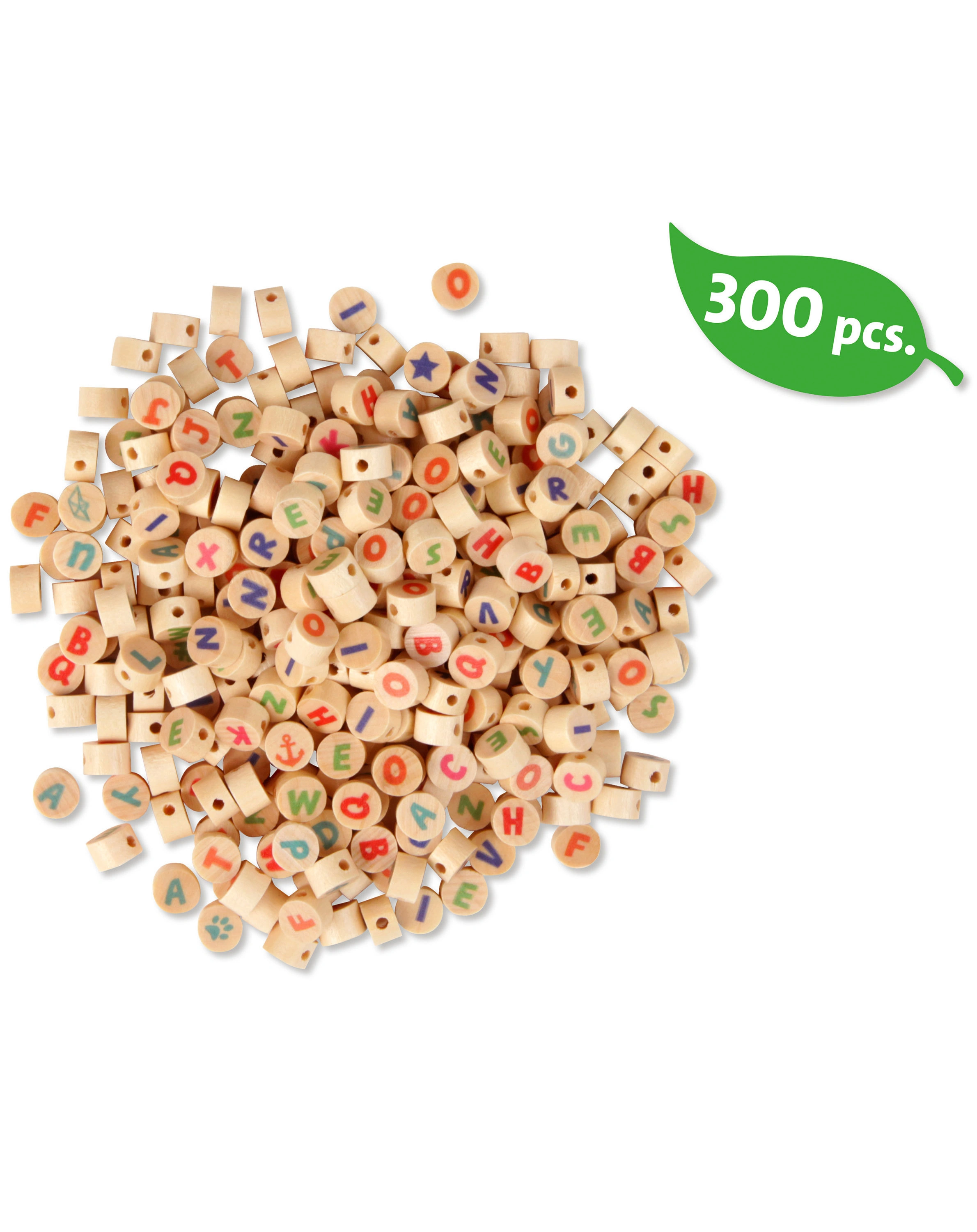 Holzperlen BUCHSTABEN (8x5 mm) 300-teilig in natur/bunt