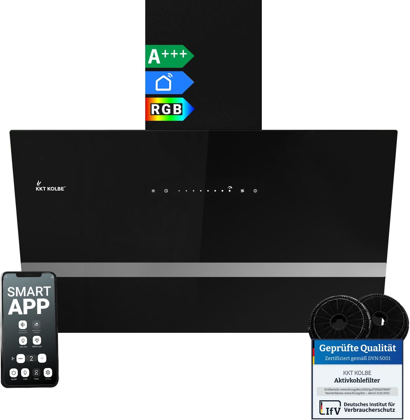 KKT KOLBE Dunstabzugshaube 80 cm | 782 cbm/h Umluft Abluft | Kopffrei | Wandhaube | Schwarz Glas | Smart WiFi App WLAN | RGBW-LED-Beleuchtung | EASY8005SM