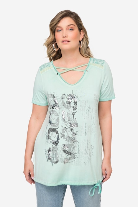 T-Shirt, V-Ausschnitt mit Zierbändern, Halbarm, Saum zum Binden