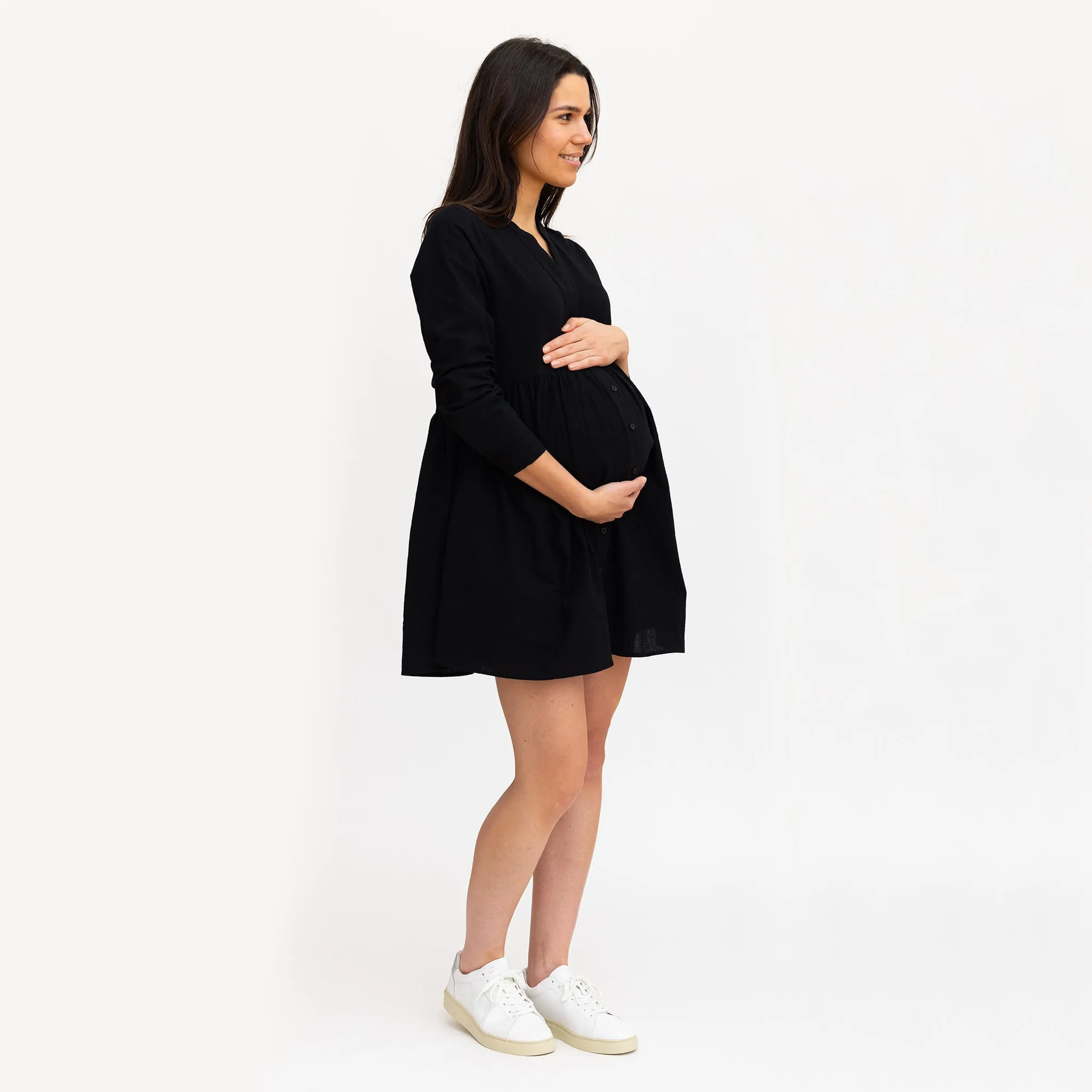 Bella Maternité Robe Boutons Mélange Lin Noire