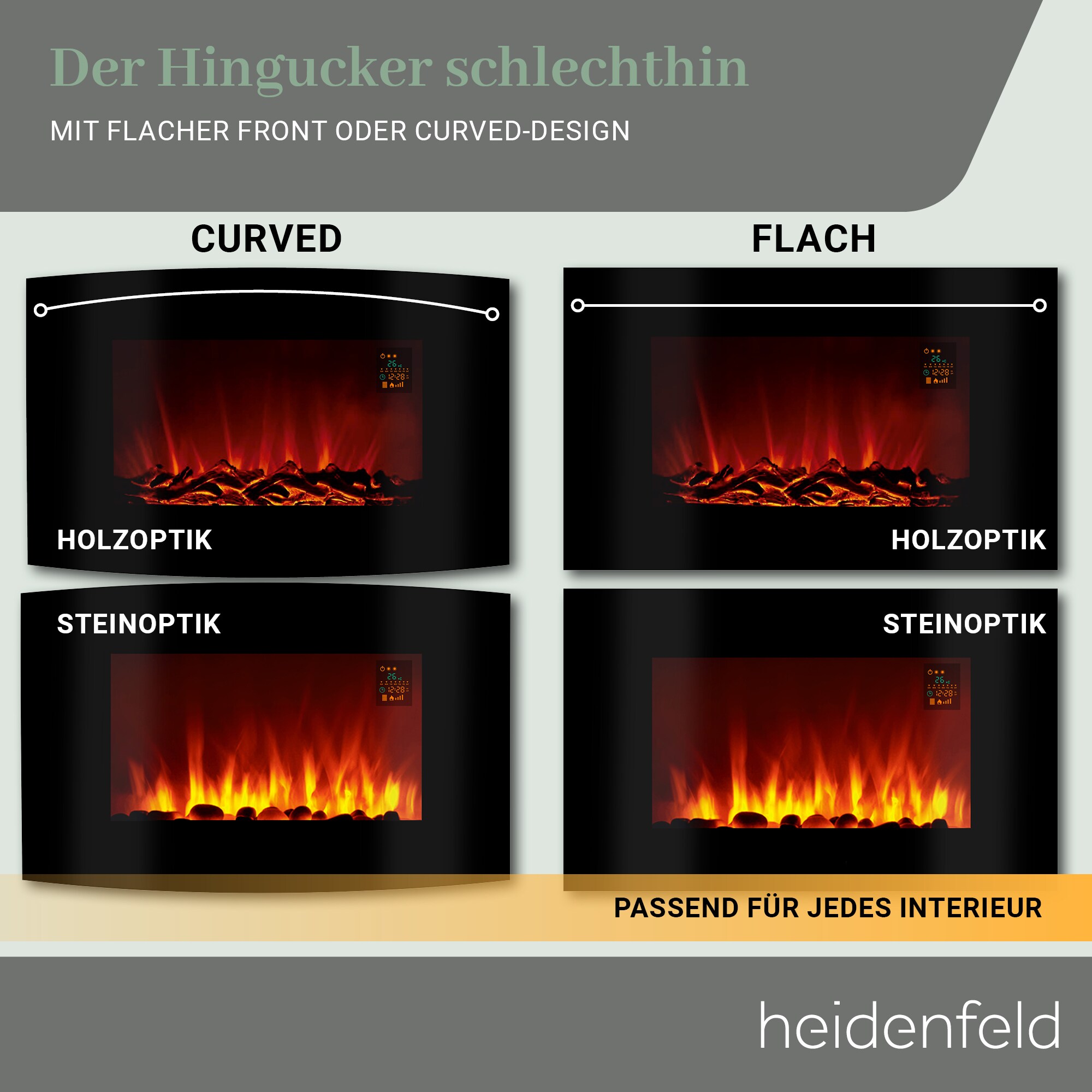 Heidenfeld Elektrokamin HF-WK100, Wandkamin Flat / Curved, Heizfunktion, Thermostat, Fernbedienung (WK100C flach Steinoptik)