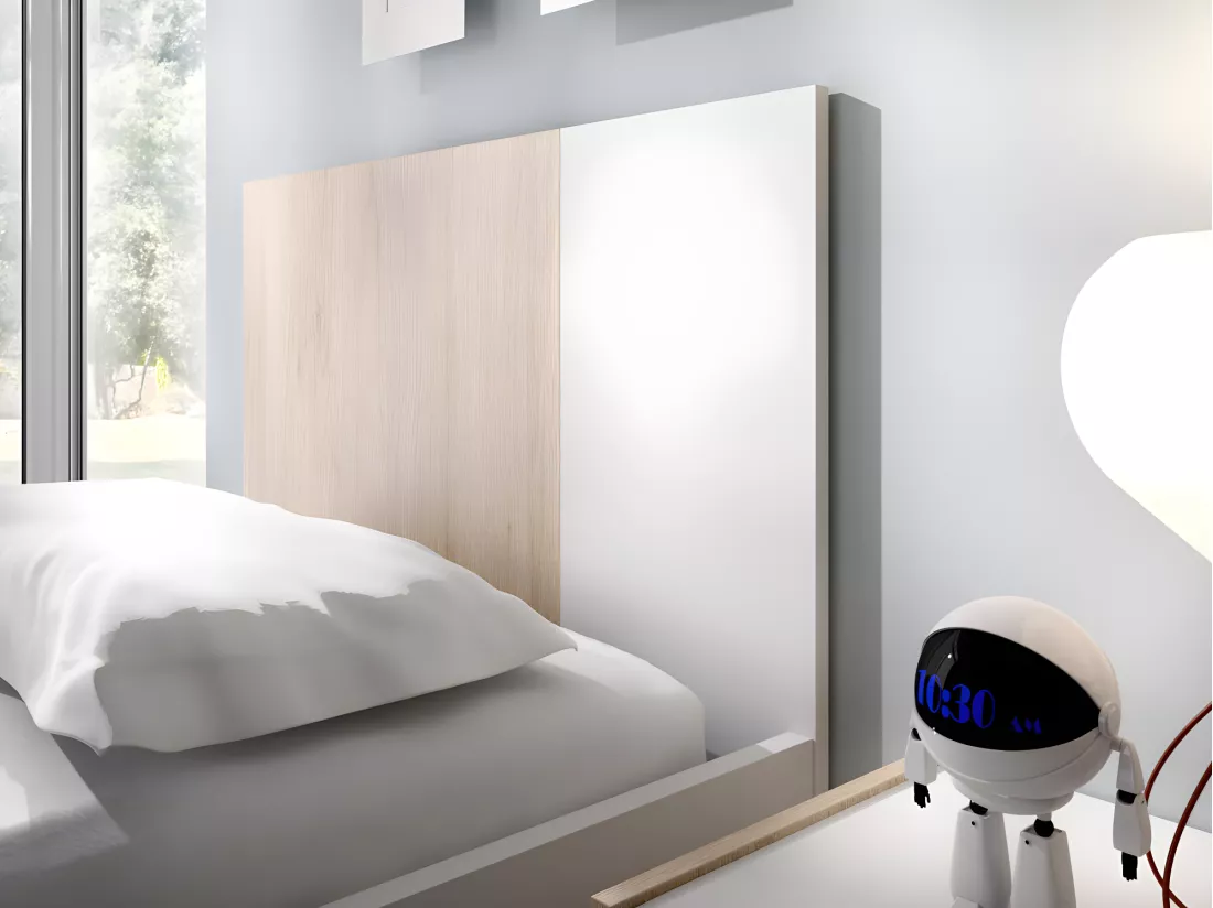 Lit gigogne 2 x 90 x 190 cm - Coloris : Naturel et blanc + matelas + sommier - SONIA