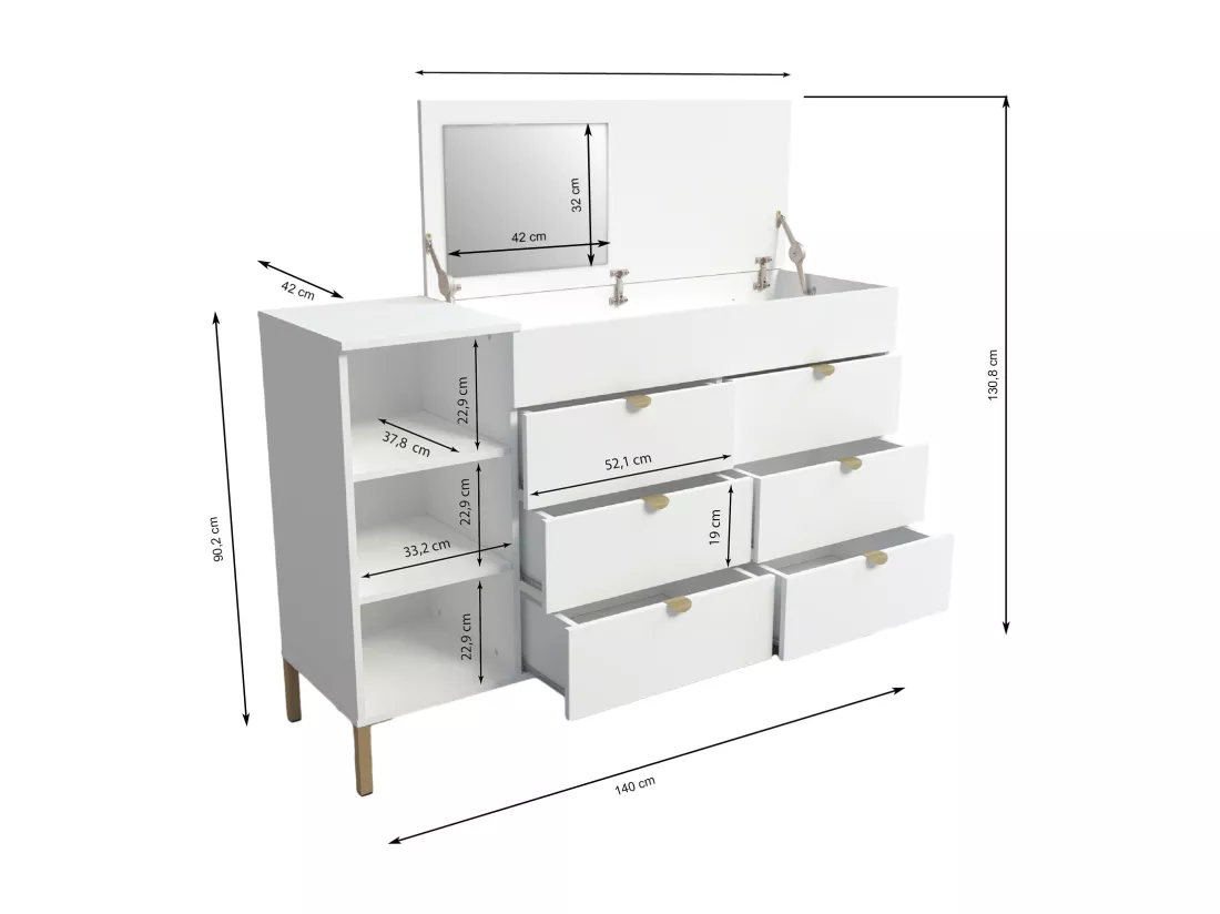 Commode 6 tiroirs, 3 niches et 1 coffre - Avec miroir - Blanc et doré - ONISHA