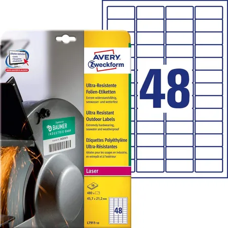 Avery Zweckform L7911-10 Ultra-Resistente Folien-Etiketten, 45,7 x 21,2 mm, 10 Bogen/480 Etiketten, weiß
