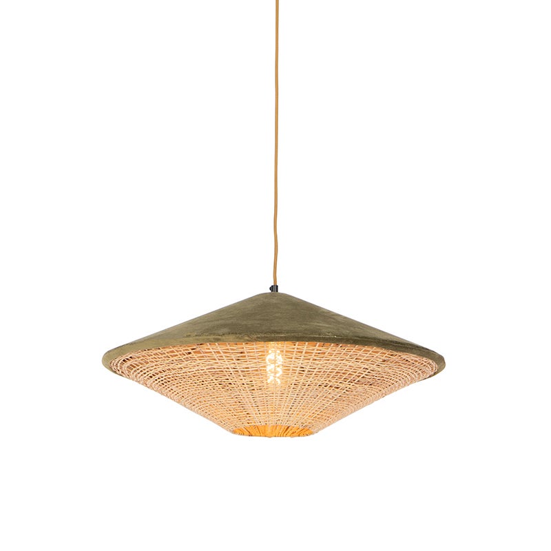 Hanglamp in landelijke stijl in groen fluweel met riet, 60 cm - Frills Can