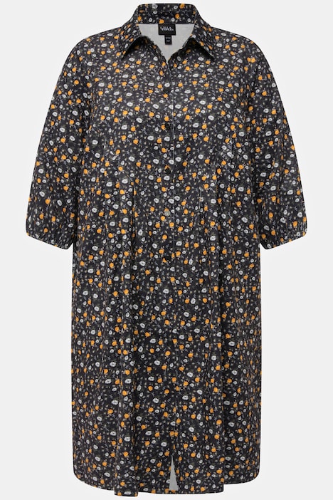 Cordkleid, Blüten, A-Linie, Hemdkragen, 3/4-Arm
