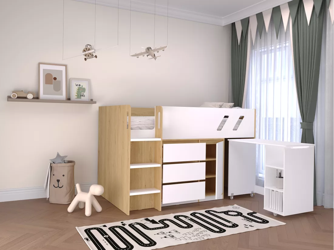 Lit combiné 90 x 190 cm avec bureau et rangements - Coloris : Naturel et blanc - SAGITI