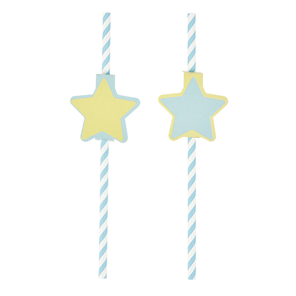 Paille bleu et étiquette étoile en papier x 24