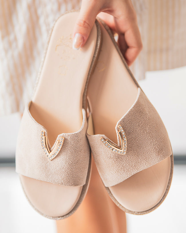 Sandale plate en cuir beige femme - MJNP-88