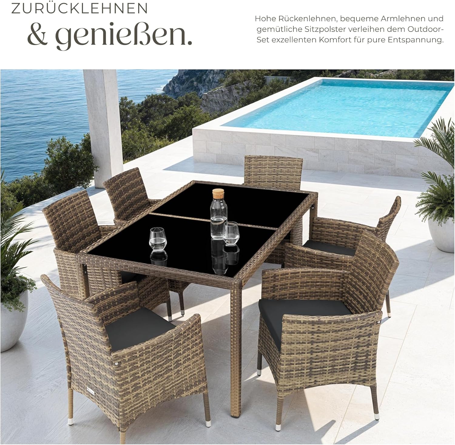 tectake Polyrattan Sitzgruppe für 6 Personen, Balkon Möbel, Gartenmöbel Set mit Tisch und 6 Stühlen, Essgruppe für Garten Terrasse und Balkon, inkl. Sitzkissen und Schutzhülle - Natur/dunkelgrau